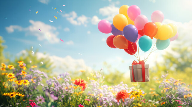 colorful balloons floating in the air carrying big gifts in sunny weather and near flowering gardens