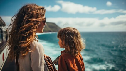 Mother and Daughter Enjoying Seascape: Sunny Spring Day