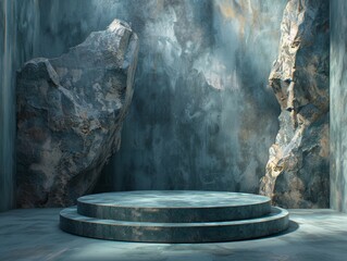 cylinder podium or pedestal display amidst natural waterfall scenery with a blue pastel tone background for product presentation.