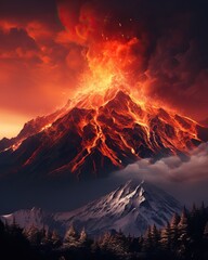 Volcanic Eruption: Hot Lava Flowing from High Mountain