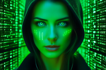 Galographic, matrix code, girl's face, green tint