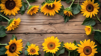 Sunflower frame on a wooden background. AI generative.