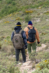 Back view, two hikers walking on mountains.