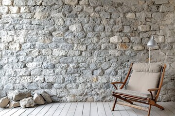 Grey stone wall, white brick background, interior style, chair lamp and object.