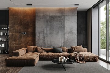 Gray living room interior with brown sofa