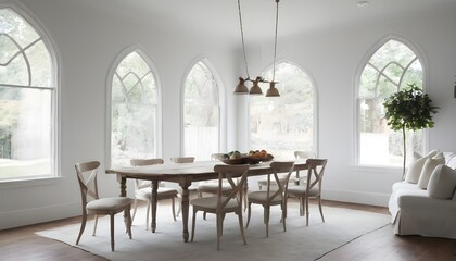White dining room corner with arched windows - obrazy, fototapety, plakaty