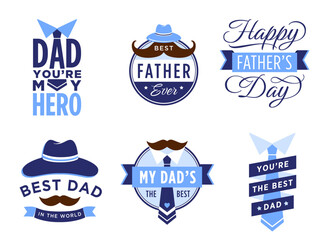 Happy Father Day label. Male badges with hat, mustache and tie, best dad in the world, my hero. Gift for father