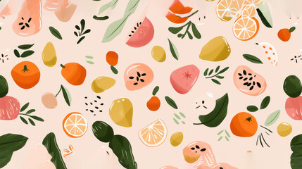 a pattern of oranges, lemons, lemons, and limes on a pink background with leaves.