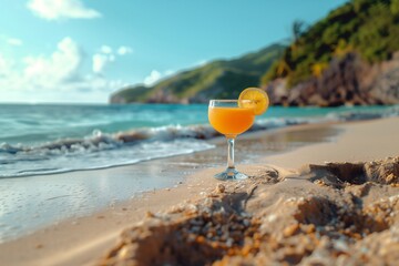 Fototapeta na wymiar Glass with fruit slice on the rim stands on sand against a tropical beach with sea 