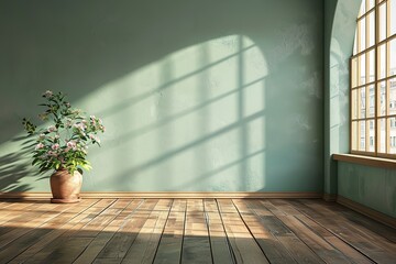 Light green wall in an empty room with a wooden floor