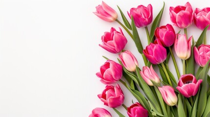 a bouquet of pink and white tulips on a white background with space for a text or an image.