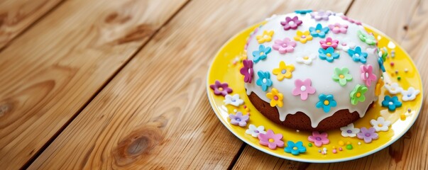 cake decorated with small colourful flowers on a yellow plate on a wooden table. 