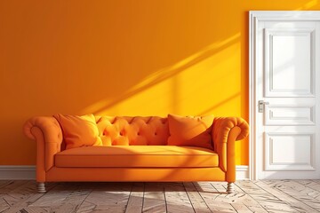 Living room sofa with orange background and white classic door.