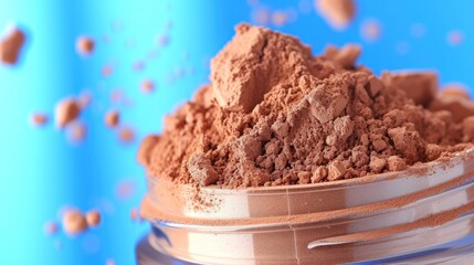 a close up of a jar of powder on a blue background with a blue and white wall in the background.