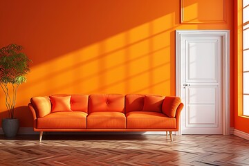 Living room sofa with orange background and white classic door.