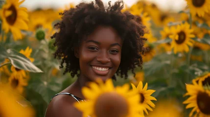 Foto op Plexiglas Mulher sorrindo em ambiente aconchegante com plantas e livros ao fundo iluminada por luz natural suave © Alexandre