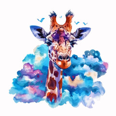 Painting of a giraffe with its head above the clouds