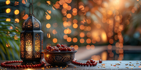 Ramadan and Eid al fitr concept. Traditional lantern, dates fruit, rosary beads - 745375781
