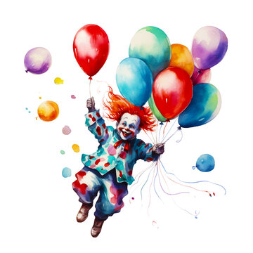 Painting of a clown flying with a balloon