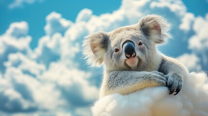 a koala sitting on top of a cloud in front of a blue sky with clouds and blue sky in the background.
