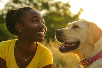 The happy womans yellow dog makes her smile with a gesture in people in nature