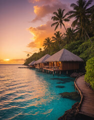 Fototapeta premium Tropical paradise sunset with a luxury waterfront hut