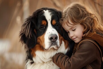 A young female is embracing a sizeable companion dog with a smiling expression