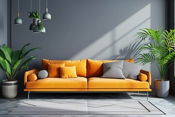 Modern living room design with sofa, copy space