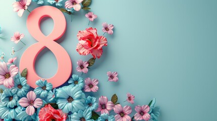 The number 8 consists flowers with space for text on white background	

