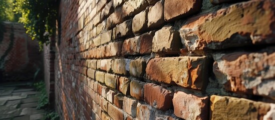 A sturdy and striking brick wall is prominently displayed, with a lush tree in the background. The contrast between the man-made structure and the natural element adds depth to the scene.