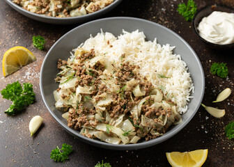 Unstuffed cabbage roll with ground beef, rice and vegetables.