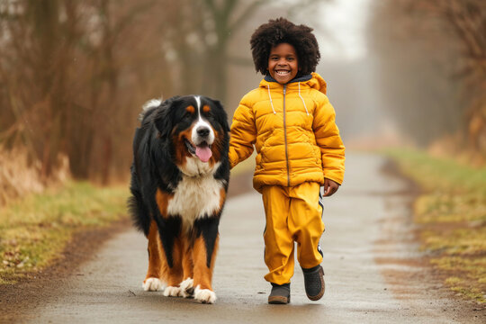 A boy is walking a Gaddi kutta, a giant dog breed, down a path