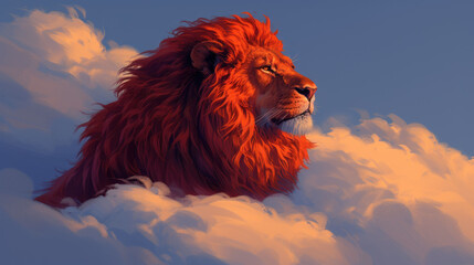 a painting of a lion sitting in the clouds with his head turned to look like he is in the clouds.