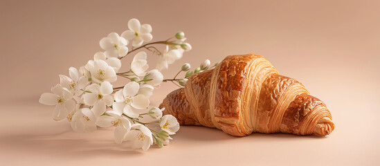 Croissant with white flowers on a beige background. French breakfast