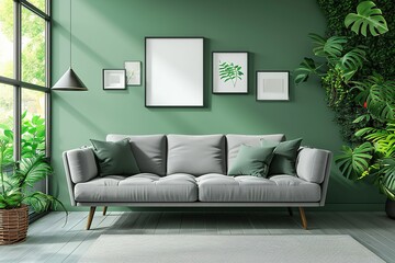 Modern living room with grey sofa and frame, green wall close up decoration in front of the window.