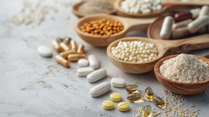 Dietary supplements for health and beauty, in pill and powder forms, vitamins, collagen, biotin	
 - obrazy, fototapety, plakaty