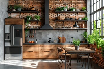 modern nordic kitchen in loft apartment. 3D rendering - obrazy, fototapety, plakaty