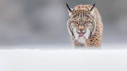 Fototapeta premium a close up of a lynx walking in the snow with it's mouth open and it's tongue out.