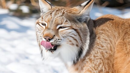 Fototapeta premium a close up of a cat with it's tongue hanging out in the snow with it's tongue out.