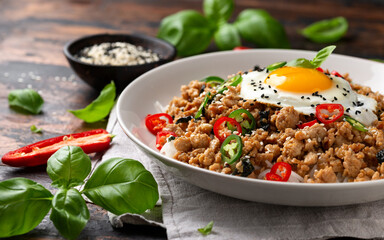 Pad Krapow Gai, Thai Basil Chicken with rice and fried egg