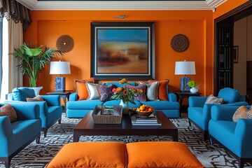 Orange and blue living room interior