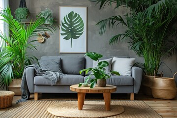 Plant on wooden table next to grey sofa in natural living room interior with poster. Real photo