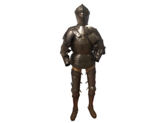 Wooden mannequin dressed in armor on black background Diocesan Museum Mantua-