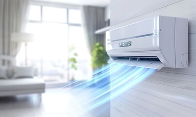 A living room with an air conditioner, advertising banner