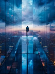 businessman on a glass building with skyline in the background.  