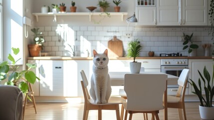 Home with minimalist design with white color and wood, kitchen, with cute cat with white color and blue eye