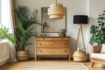 Scandinavian and design home interior of living room with wooden commode, design black lamp, rattan basket, plants and elegant accessories. Stylish home decor. Template. Mock up poster paintings.