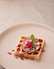 Viennese waffles with berry sauce and cream on a light background