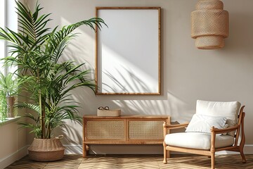 Stylish interior design of living room with wooden retro commode, chair, tropical plant in rattan...