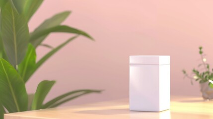 a white container sitting on top of a table next to a potted plant on top of a wooden table.